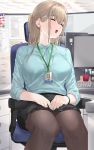  1girl blush breasts chair closed_eyes computer cubicle drooling half_updo highres keyboard_(computer) kfr monitor office office_lady open_mouth original pantyhose sitting sleeping solo teeth 
