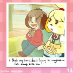 1:1 2022 3_fingers animal_crossing anthro bangs bell_hair_tie bench bent_leg black_eyes black_nose blonde_hair blue_bottomwear blue_clothing blue_pants blue_sky bottomwear bow_tie brother_(lore) brother_and_sister_(lore) brown_body brown_clothing brown_ears brown_eyebrows brown_footwear brown_fur brown_hair brown_shoes brown_tail button_(fastener) canid canine canis clothed clothed_anthro clothed_female clothed_male clothing colored cookieboy011 day digby_(animal_crossing) digital_drawing_(artwork) digital_media_(artwork) domestic_dog duo english_description english_text eye_contact eyebrows female female_anthro file_folder fingers floppy_ears folder footwear freckled_face freckles fully_clothed fully_clothed_anthro fully_clothed_female fully_clothed_male fur green_clothing green_topwear green_vest hair holding_folder inside_train isabelle_(animal_crossing) light light_beam lighting looking_at_another lop_ears male male_anthro mammal necktie nintendo number on_bench open_mouth open_smile orange_ears pants paper pattern_clothing pattern_topwear pattern_vest photo pink_freckles pink_tongue plaid plaid_clothing plaid_topwear plaid_vest ponytail pupils red_bow_tie red_clothing red_hair_tie red_suit shaded shih_tzu shoes short_hair sibling_(lore) sister_(lore) sitting sitting_on_bench sky smile story story_in_description suit sunbeam sunlight tail teeth text title tongue topwear toy_dog train two_tone_tail vehicle vest white_dress_shirt white_pupils window yellow_body yellow_fur yellow_necktie