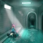  1girl ahoge backrooms_(creepypasta) blue_archive ceiling_light commentary dream_pool expressionless heterochromia highres hoshino_(blue_archive) indoors knees_together_feet_apart liminal_space long_hair medama_soft no_halo pink_hair scenery school_uniform shirt sitting solo tile_floor tile_wall tiles water white_shirt wide_shot 