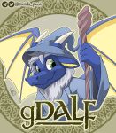 anthro beard blue_body blue_clothing blue_ears blue_hat blue_headwear blue_topwear clothed clothing dragon facial_hair front_view glistening glistening_eyes green_eyes hair hat headgear headwear horn looking_at_viewer male male_anthro membrane_(anatomy) membranous_wings mouth_closed mythological_creature mythological_scalie mythology pandapaco pattern_background scalie simple_background solo topwear white_beard white_facial_hair white_hair white_horn wings yellow_wings