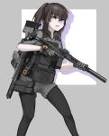  1girl absurdres artist_name assault_rifle black_hair black_legwear carabiner commentary eyebrows_visible_through_hair fang fangs from_side gloves grey_gloves gun highres holding holding_gun holding_weapon looking_at_viewer m4_carbine military open_mouth original pantyhose pocket ponytail purple_eyes rifle scope shadow shorts sidelocks simple_background sleeves_rolled_up smile solo standing suppressor tom_clancy&#039;s_the_division vectorek watch weapon 