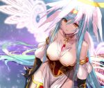  angel angel_wings ars_nova_(p&amp;d) bare_shoulders blue_hair breasts circlet energy_wings feathered_wings feathers gem glowing glowing_wings halo head_wings jewelry key key_necklace knees_together_feet_apart long_hair magic_circle multiple_wings necklace orange_eyes puzzle_&amp;_dragons symbol-shaped_pupils very_long_hair wings 