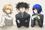  1boy 2girls afterimage ahoge arcueid_brunestud black_hair blonde_hair blue_hair bow buttons ciel_(tsukihime) closed_eyes commentary_request crossed_arms glasses green_bow hair_intakes highres jacket jewelry kashia looking_at_another meme motion_blur multiple_girls necklace own_hands_together parody partially_shaded_face school_uniform shirt short_hair smile souya_high_school_uniform sweater table the_weaker_sex_1_(gibson) tohno_shiki tsukihime tsukihime_(remake) turtleneck turtleneck_sweater vest white_shirt white_sweater yellow_vest 