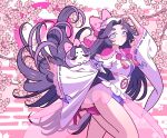  1girl arm_up azuma_sara bad_id bad_twitter_id bow cherry_blossoms creature floating_hair floral_background hair_bow highres japanese_clothes long_hair long_sleeves looking_at_viewer meremero parted_bangs pink_bow purple_eyes purple_hair sarazanmai shirt solo standing standing_on_one_leg tassel translation_request very_long_hair white_shirt wide_sleeves 
