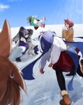  5girls absurdres animal_ears bandaid bandaid_on_face bandaid_on_nose beanie biko_pegasus_(umamusume) black_boots black_hair black_leggings blue_sky boots brown_boots brown_coat brown_hair closed_eyes closed_mouth coat commentary_request dark-skinned_female dark_skin ear_scrunchie ears_through_headwear fur_coat green_coat hair_between_eyes hair_ornament hat highres hishi_amazon_(umamusume) holding holding_snowball horse_ears horse_girl horse_tail leggings long_hair long_sleeves mittens multiple_girls naegi_happy narita_brian_(umamusume) open_clothes open_coat open_mouth outdoors pants pink_boots pink_mittens pom_pom_(clothes) pom_pom_beanie ponytail purple_pants red_scrunchie red_skirt sakura_laurel_(umamusume) samson_big_(umamusume) scarf scrunchie shirt short_hair skirt sky smile snowball snowball_fight striped_clothes striped_scrunchie sweatdrop tail throwing tripping umamusume very_long_hair white_coat white_scarf white_shirt winter_clothes winter_coat yellow_eyes 