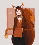  1girl animal_ear_fluff animal_ears black_choker black_pants blush braid bright_pupils brown_eyes brown_hair brown_jacket choker collarbone commentary dated fang highres jacket kart_prowler long_hair long_sleeves open_clothes open_jacket open_mouth orange_hair orange_shirt original pants shirt sidelocks signature single_braid smile solo squirrel_ears squirrel_girl squirrel_tail tail teeth toskr_(kart_prowler) upper_teeth_only very_long_hair white_pupils 