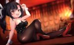  1girl absurdres animal_ears arm_support azur_lane bare_arms bare_shoulders black_hair black_leotard blurry blurry_background blush breasts bright_pupils brown_legwear cleavage collarbone commentary_request dutch_angle fang fishnet_pantyhose fishnets furrowed_eyebrows high_heels highres knee_up legs leotard long_hair looking_at_viewer moneko1107 open_mouth pantyhose red_eyes red_footwear shigure_(azur_lane) shiny shiny_clothes skin_tight solo strapless strapless_leotard white_pupils wolf_ears wolf_girl wrist_cuffs 