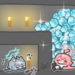  ! 2girls ahoge animal_ear_fluff animal_ears block_(minecraft) blue_archive blue_halo blue_scarf chibi chibi_only closed_eyes commentary diamond_(minecraft) digging_for_diamonds_(meme) grey_hair hair_between_eyes hair_ornament halo highres hoshino_(blue_archive) ishikoro24 korean_commentary long_hair lying meme minecraft minecraft_pickaxe multiple_girls on_back parody pickaxe pink_hair scarf shiroko_(blue_archive) torch wolf_ears wolf_girl x_hair_ornament 