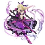  1girl aiz_wallenstein anime_coloring armored_boots bare_shoulders black_gloves blonde_hair boots bow breasts brown_eyes cleavage clothing_cutout danmachi_memoria_freese date_a_live dress dungeon_ni_deai_wo_motomeru_no_wa_machigatteiru_darou_ka elbow_gloves full_body gloves hair_bow halter_dress halterneck holding holding_sword holding_weapon inverse_spirit long_hair looking_at_viewer medium_breasts navel official_alternate_costume official_art parted_lips purple_bow purple_dress see-through_clothes see-through_dress solo stomach stomach_cutout sword third-party_source weapon white_background yatogami_tenka 