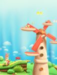  absurdres arrow_(symbol) blue_sky bush buttons cloud commentary_request day highres maribou_(supermaribou) mario_(series) no_humans outdoors poochy_(yoshi's_island) red_yoshi ribbon shy_guy sign sky sleeping sleeping_upright windmill yoshi yoshi's_woolly_world 