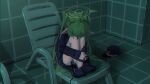  1girl backrooms_(creepypasta) black_shoes blue_archive chair commentary curled_up dream_pool green_hair green_halo halo hat head_down highres hugging_own_legs indoors knees_up liminal_space long_hair long_sleeves lounge_chair medama_soft nozomi_(blue_archive) on_chair pointy_ears shoes sitting solo tile_floor tile_wall tiles twintails unworn_hat unworn_headwear 