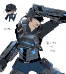  1boy armor belt black_armor black_belt black_shirt blue_necktie blue_pants brown_hair collared_shirt commentary_request cowboy_shot heathcliff_(project_moon) highres limbus_company necktie pants project_moon purple_eyes science_fiction shirt simple_background solo tsugino223 w_corp._(identity)_(project_moon) white_background 