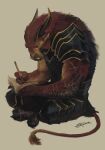 armor baharos black_armor black_body black_scales book catfolk claws concentrated crossed_legs dragon eamonn_mccormick felid fur gold_(metal) gold_armor hi_res horn hybrid lion male mammal mythological_creature mythological_scalie mythology paizo pantherine pathfinder pencil scales scalie scar solo tail tired tusks writing_text