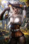 1girl ayya_saparniyazova breasts ciri freckles gloves green_eyes jewelry lips long_hair looking_at_viewer makeup medium_breasts scar short_hair silver_hair solo sword the_witcher the_witcher_3 weapon 