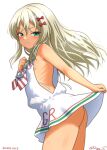  1girl ass blonde_hair blush bow commentary_request dated dress grecale_(kancolle) green_eyes hair_between_eyes hair_bow kantai_collection long_hair looking_at_viewer low-cut_armhole neckerchief pink_bow ray.s ribbon sailor_collar sailor_dress side-tie_dress sleeveless sleeveless_dress smile solo striped_neckerchief twitter_username wavy_hair white_dress white_sailor_collar 