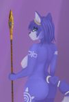  2019 accessory anthro big_breasts big_butt black_nose blue_fur blue_hair breasts butt canid canine ccessory clothing female fox fur green_eyes hair hair_accessory hairband hi_res kinkysashimi krystal looking_at_viewer looking_back mammal markings naughty_face nintendo short_hair simple_background solo star_fox tailband thick_thighs tribal_markings video_games 