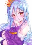  1girl :o bare_shoulders blue_hair blush commentary_request crown hair_between_eyes highres long_hair long_sleeves looking_at_viewer no_game_no_life off_shoulder purple_legwear rouka_(akatyann) school_uniform shiro_(no_game_no_life) simple_background sleeves_past_wrists solo thighhighs very_long_hair white_background yellow_eyes 