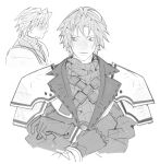  1boy aged_down armor black_gloves black_jacket blush chest_strap crossed_arms crying facing_viewer final_fantasy final_fantasy_vii final_fantasy_vii:_ever_crisis gloves grey_hair greyscale highres jacket light_blush looking_to_the_side male_focus mmmckayyy monochrome pauldrons profile ribbed_sweater sephiroth sephiroth_(ever_crisis) short_hair shoulder_armor simple_background solo sweater tears turtleneck turtleneck_sweater upper_body white_background 