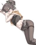  1girl absurdres arm_out_of_sleeve arm_up black_shirt blush brown_jacket closed_mouth crop_top cropped_shirt crotch_seam feet_out_of_frame grey_eyes grey_hair grey_pantyhose hair_between_eyes hair_ribbon hand_up highres hololive jacket long_bangs looking_at_viewer lying medium_hair midriff natsuiro_matsuri navel no_pants nose_blush on_side panties panties_under_pantyhose pantyhose ribbon scarlet_(wv0102) shirt side_ponytail simple_background solo striped_ribbon underwear virtual_youtuber white_background white_panties 