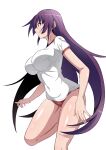  1girl absurdres blue_eyes breasts buruma closed_mouth commentary_request covered_navel from_side gym_shirt gym_uniform highres impossible_clothes impossible_shirt kakukakusan large_breasts long_hair looking_ahead monogatari_(series) profile purple_hair red_buruma senjougahara_hitagi shiny_skin shirt short_sleeves simple_background smile solo standing standing_on_one_leg sweat very_long_hair white_background white_shirt 