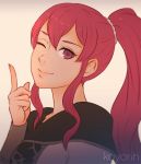  1girl anna_(fire_emblem) artist_name closed_mouth fire_emblem fire_emblem:_fuukasetsugetsu koyorin long_hair long_sleeves one_eye_closed ponytail red_eyes red_hair simple_background smile solo upper_body 