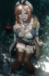  1girl :d absurdres apple atelier_(series) atelier_ryza bangs belt breasts brown_eyes brown_hair brown_legwear cleavage commentary_request elixir flask food fruit hat highres huge_filesize jewelry knees_together_feet_apart looking_at_viewer medium_breasts midriff namusan1146 navel necklace night open_mouth outdoors potion red_shorts reisalin_stout short_hair short_shorts shorts sitting smile solo star teeth thighhighs thighs utility_belt white_headwear white_legwear 