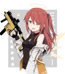  1girl ;d arknights bangs bare_shoulders black_gloves black_shirt blush breasts character_name cropped_torso dog_tags exusiai_(arknights) fingerless_gloves gloves gun hair_between_eyes halo hand_up holding holding_gun holding_weapon jacket kataokasan kriss_vector long_hair long_sleeves looking_at_viewer medium_breasts off_shoulder one_eye_closed one_side_up open_clothes open_jacket open_mouth orange_eyes red_hair shirt sidelocks sleeveless sleeveless_shirt smile solo star submachine_gun weapon white_jacket 