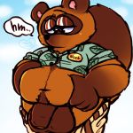  1:1 2019 animal_crossing anthro balls big_balls bottomwear brown_fur canid canine clothed clothing flaccid fur hi_res humanoid_hands humanoid_penis male mammal nintendo open_shirt overweight overweight_male penis raccoon_dog shirt shorts solo tanuki tom_nook_(animal_crossing) topwear unclecucky video_games 
