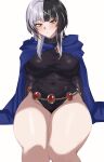  alternate_costume black_hair black_leotard blue_cape blush breasts cape cosplay covered_navel dc_comics highres hololive hololive_english large_breasts leotard long_hair looking_at_viewer multicolored_hair navel open_mouth raven_(dc) raven_(dc)_(cosplay) shiori_novella smile solo split-color_hair teen_titans two-tone_hair virtual_youtuber white_hair yobi_(ybpac18) 