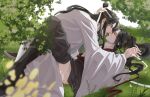  2boys ahoge anal black_boots black_hair black_hanfu black_pants blurry blurry_foreground blush boots chinese_clothes closed_eyes clothed_sex clothes_pull cum cum_on_ass cum_on_body cum_on_male eye_contact french_kiss grass hair_ribbon hand_on_another's_head hanfu headband highres holding_hands implied_sex interlocked_fingers kiss kneeling koma_hase lan_wangji leaf leg_lock long_hair long_sleeves looking_at_another lying male_focus missionary modao_zushi multiple_boys on_back on_grass open_clothes open_mouth open_robe outdoors pants pants_pull penis ponytail profile purple_eyes red_ribbon ribbon robe saliva saliva_trail sex sidelocks sweat tongue tongue_out topknot tree twitter_username watermark wei_wuxian white_hanfu white_headband wide_sleeves yaoi yellow_eyes 