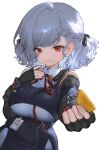  1girl black_ribbon breasts eungsam fingerless_gloves food girls'_frontline girls'_frontline_2:_exilium giving_food gloves glutton grey_hair hair_ribbon highres holding holding_food id_card looking_at_viewer medium_hair red_eyes revision ribbon sabrina_(girls'_frontline_2) shirt solo spas-12_(girls'_frontline) white_background white_shirt 
