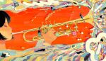  1girl abstract absurdres check_commentary closed_eyes colorful commentary commentary_request distortion highres holding holding_instrument holding_trombone instrument music original playing_instrument short_hair surreal symbolism trombone what ziora 