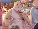  2019 anthro blush clothing detailed_background felid female food group human humanoid_hands leobanana male mammal outside overweight overweight_male pantherine shirt tiger topwear 