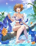 1girl :d antenna_hair barefoot bikini blue_eyes blue_sky breasts brown_hair cleavage cloud collarbone day ddaomphyo detached_sleeves flower full_body hair_flower hair_ornament highres holding in_tree lens_flare looking_at_viewer navel ocean open_mouth orange_flower original outdoors short_hair short_sleeves side-tie_bikini sitting sitting_in_tree sky small_breasts smile soaking_feet soles solo swimsuit tree white_bikini white_sleeves 