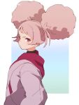  1girl afro_puffs asticassia_school_uniform big_hair blush chuatury_panlunch closed_mouth from_side gundam gundam_suisei_no_majo hood hood_down hoodie jamir long_sleeves looking_at_viewer looking_to_the_side pink_eyes pink_hair pink_hoodie school_uniform short_bangs short_eyebrows solo upper_body v-shaped_eyebrows 