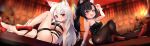  2girls animal_ears arm_support azur_lane bare_arms bare_legs bare_shoulders belt black_hair black_leotard blurry blurry_background blush breasts bright_pupils brown_legwear cleavage closed_mouth collarbone commentary_request crossed_belts dutch_angle eyebrows_visible_through_hair fang fishnet_pantyhose fishnets furrowed_eyebrows high_heels highres knee_up legs leotard long_hair looking_at_viewer moneko1107 multiple_belts multiple_girls multiple_straps open_mouth pantyhose red_eyes red_footwear revealing_clothes shigure_(azur_lane) shiny shiny_clothes silver_hair skin_tight strapless strapless_leotard thick_eyebrows tongue tongue_out too_many_belts underboob white_pupils wolf_ears wolf_girl wrist_cuffs yuudachi_(azur_lane) 