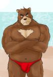  2019 anthro beach belly blush brown_fur bulge clothing fu_ren_chi fur juuichi_mikazuki male mammal moobs morenatsu nipples overweight overweight_male seaside solo underwear ursid water 