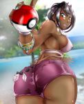  1girl ass back bangs bare_shoulders bead_necklace beads black_hair blurry blurry_background blush bracelet breasts closed_mouth covered_nipples dark_skin day diamond_(shape) earrings fingernails from_behind gem green_eyes hands_up highres holding holding_poke_ball island_kahuna jewelry kuwahara_yuyu leaning_forward lips lipstick looking_at_viewer looking_back lychee_(pokemon) makeup nail_polish necklace nib_pen_(medium) no_bra outdoors pink_lipstick pink_shirt poke_ball poke_ball_(generic) pokemon pokemon_(game) pokemon_sm purple_shorts sharp_fingernails shirt short_hair short_shorts shorts sideboob sleeveless smile solo swept_bangs traditional_media twisted_torso upper_body 