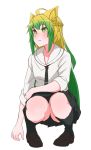  1girl animal_ears atalanta_(fate) black_legwear black_panties blonde_hair blush braid breasts cat_ears fate/apocrypha fate_(series) gradient_hair green_eyes green_hair highres kneehighs kopaka_(karda_nui) long_hair multicolored_hair panties pantyshot pantyshot_(squatting) pleated_skirt school_uniform simple_background skirt sleeves_rolled_up smile solo squatting underwear white_background 