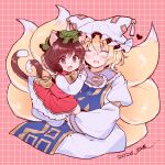 2girls :3 ^_^ animal_ear_fluff animal_ears blonde_hair blue_tabard blush brown_hair cat_ears cat_girl cat_tail chen china_dress chinese_clothes closed_eyes collar commentary_request dated double-parted_bangs dress earrings fang fox_girl fox_tail frilled_collar frilled_sleeves frills gold_armband gold_bowtie green_hat grid_background hair_between_eyes hand_on_another's_shoulder hat heart highres holding_another jewelry kneeling layered_dress long_sleeves looking_at_viewer masanaga_(tsukasa) messy_hair mob_cap multiple_girls multiple_tails ofuda open_mouth pink_background purple_collar red_dress red_eyes short_hair signature simple_background single_earring sleeveless sleeveless_dress smile swept_bangs tabard tail touhou white_dress white_hat wide_sleeves yakumo_ran 