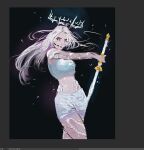  1girl blonde_hair contrapposto crop_top crown feet_out_of_frame floating_hair glowing_veins grey_eyes headset highres holding holding_sword holding_weapon ignoramoose long_hair looking_to_the_side nephis_(shadow_slave) parted_lips screenshot shadow_slave sheath shorts solo stomach sword twisted_torso unsheathing walking weapon white_shorts 