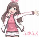  1girl a.i._channel blush eyebrows_visible_through_hair finger_to_face green_eyes hairband ina_(gokihoihoi) index_finger_raised kizuna_ai long_sleeves looking_at_viewer open_mouth outstretched_arm short_shorts shorts smile solo sweater translation_request turtleneck turtleneck_sweater upper_body upper_teeth virtual_youtuber 