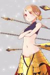  1girl :&lt; abigail_williams_(fate/grand_order) armor bare_shoulders blonde_hair braid breasts chain cosplay crossed_arms earrings fate/grand_order fate/stay_night fate_(series) gilgamesh gilgamesh_(cosplay) groin highres jewelry keyhole kopaka_(karda_nui) navel red_eyes solo 