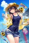  1girl :o animal armpits bag bare_shoulders blue_sky blue_swimsuit breasts brown_eyes brown_hair bubble_tea chihuahua cloud collarbone commentary_request covered_navel cowboy_shot cup dated day denim denim_shorts disposable_cup dog floral_print flower hand_up hat hat_flower highres innertube long_hair looking_at_viewer medium_breasts mop off_shoulder one-piece_swimsuit open_clothes open_fly open_shirt original outdoors parted_lips sanbasou school_swimsuit shirt short_shorts shorts sidelocks signature sky solo standing straw_hat sunflower swimsuit swimsuit_under_clothes thighs water yellow_flower yellow_shirt 