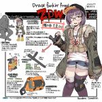  1girl baseball_cap black_headwear black_legwear boots brown_eyes denim denim_shorts directional_arrow glasses hat highres ina_(gokihoihoi) looking_at_viewer original purple_hair short_hair shorts solo text_focus thighhighs translation_request yellow_footwear 