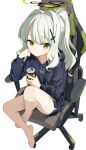  1girl aqoot barefoot black_hoodie blue_archive can chair closed_mouth cross_hair_ornament energy_drink feet gaming_chair green_eyes green_halo grey_hair hair_intakes hair_ornament halo hare_(blue_archive) highres holding holding_can hood hood_down hoodie jacket long_sleeves looking_at_viewer monster_energy on_chair ponytail simple_background solo swivel_chair thighs white_background 