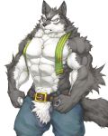  2019 4:5 abs absurd_res anthro biceps black_nose canid canine canis captainjohkid clothed clothing digital_media_(artwork) fur hi_res male mammal muscular muscular_male pecs simple_background white_fur wolf 