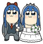  :3 bkub blue_eyes blue_hair blush_stickers bouquet bow bridal_veil bride commentary_request dress dual_persona flower formal groom hair_bow kaji_yuuki long_hair pipimi poptepipic seiyuu_connection suit taketatsu_ayana tiara tuxedo veil wedding wedding_dress white_background 