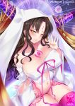  1girl artist_name bangs bare_shoulders black_hair blush breasts cleavage collarbone detached_sleeves earrings facial_mark fate/grand_order fate_(series) forehead_mark gainoob garter_straps glint head_tilt horns jewelry lace large_breasts long_hair long_sleeves looking_at_viewer navel parted_bangs sesshouin_kiara sidelocks sitting smile solo tattoo thighhighs veil very_long_hair wavy_hair yellow_eyes 