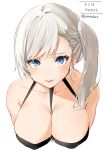  azur_lane bangs bare_shoulders belfast_(azur_lane) bikini black_bikini blue_eyes blush braid breasts character_name cleavage collarbone cosplay covered_nipples dated french_braid from_above highres large_breasts long_hair looking_at_viewer looking_up o-ring o-ring_top one_side_up open_mouth side_braid silver_hair simple_background sirius_(midsummer_seirios)_(azur_lane) sirius_(midsummer_seirios)_(azur_lane)_(cosplay) slit_pupils sweat swimsuit twitter_username white_background xretakex 